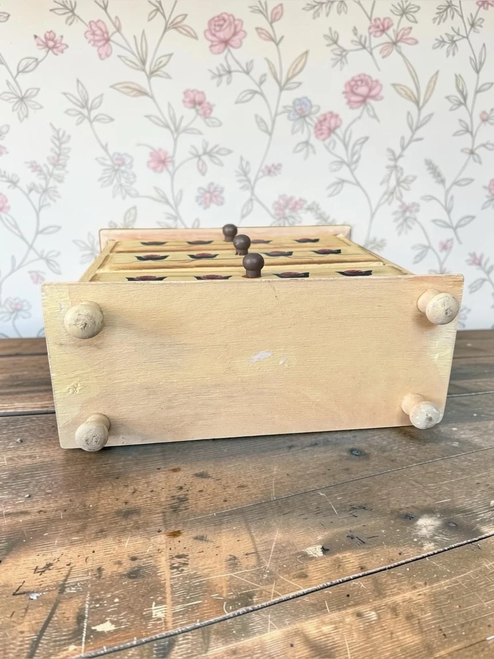 Hand-Painted Mini Chest Drawers with Pink Rose Motif